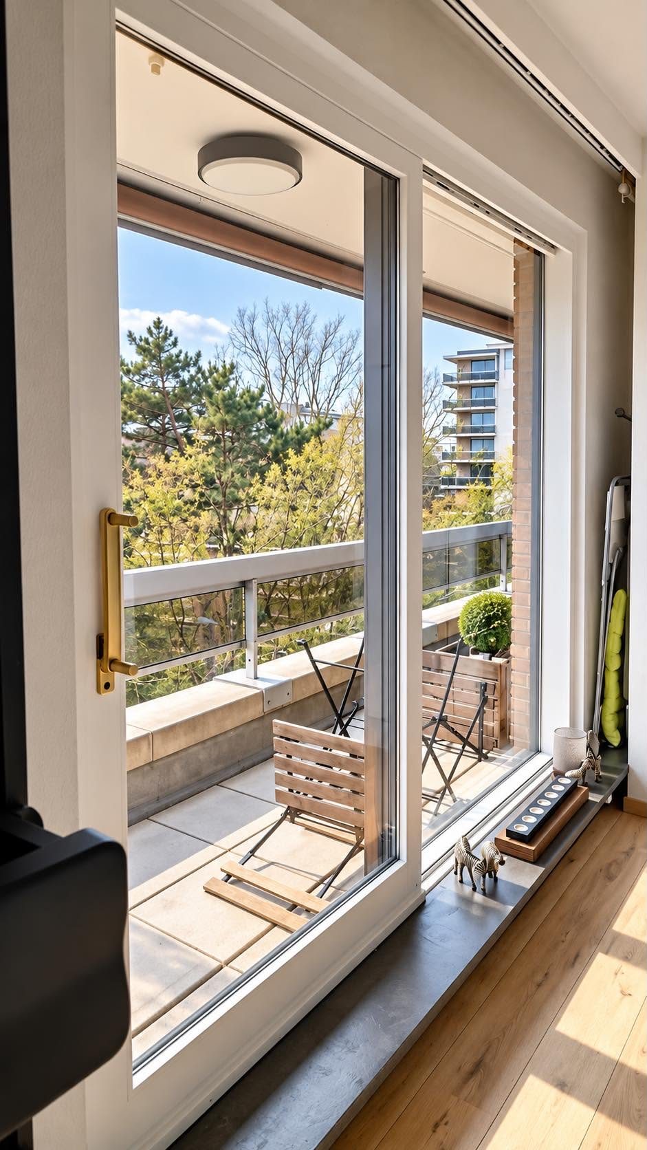 Baie coulissante ouverte sur un balcon ensoleillé.