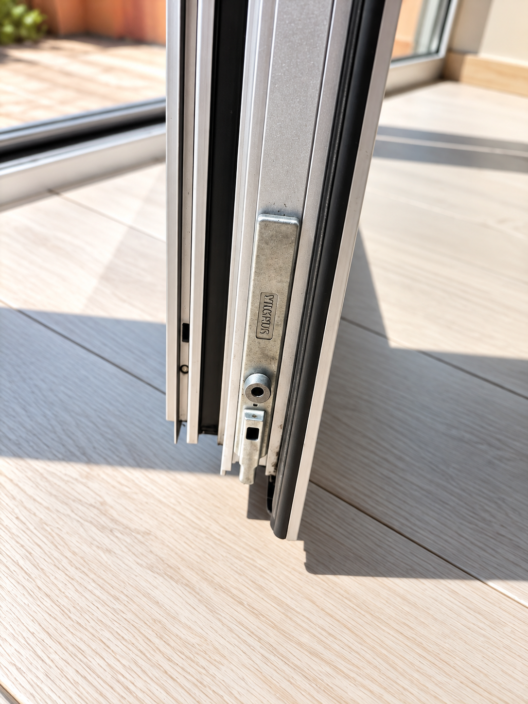 Détail du verrou bas d’une porte coulissante