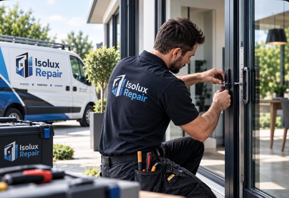 Technicien Isolux Repair réglant la serrure d’une porte vitrée, camionnette de l’entreprise en arrière-plan.