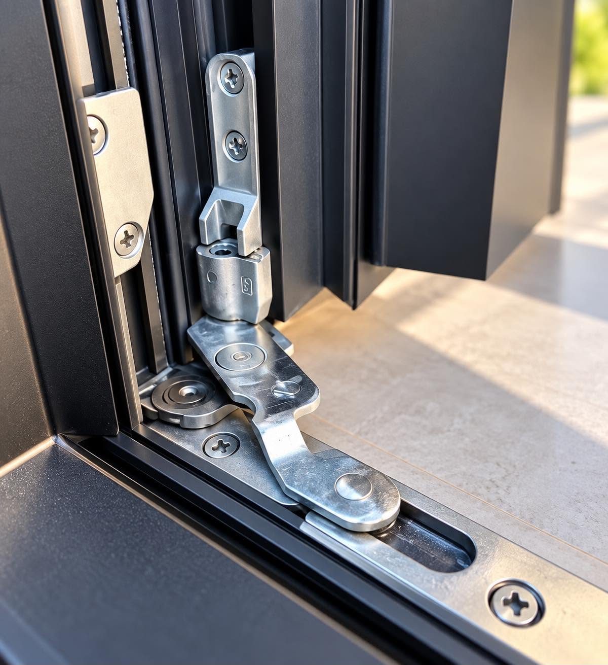 Gros plan d’une ferrure sur une fenêtre en aluminium noir.